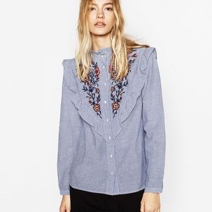Zara floral embroidery ruffle striped shirt